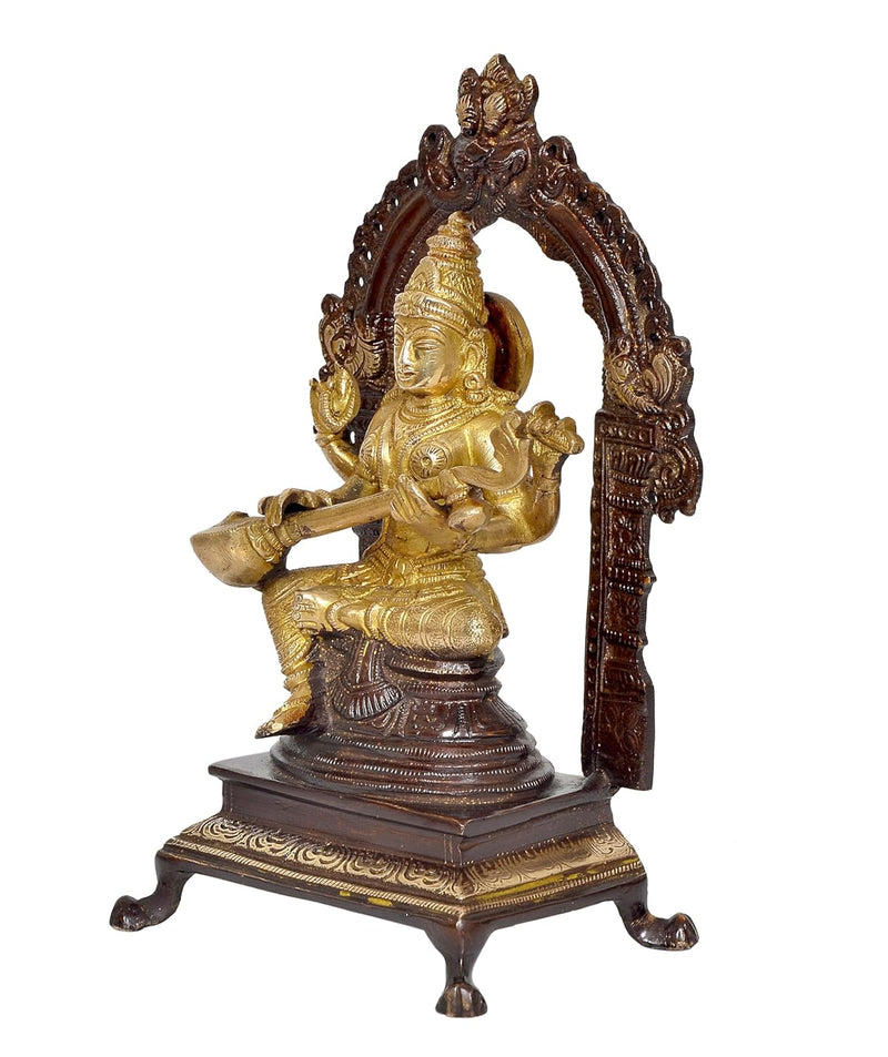 Brass Maa Saraswati Statue - Handcrafted Hindu Goddess Siting Saraswati Idol for Home Decor and Pooja Mandir (Height 8 Inch)