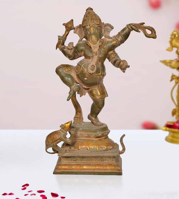 Brass Lord Dancing Ganesha Murti - Religious Statue for Home Temple Pooja (Height 19 Inch)