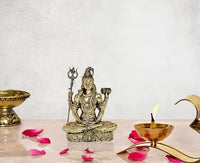 4 inch brass Lord Shiva statue with trident and raised hands on ornate base