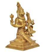 Brass Lakshmi Narasimha statue, 3/4 angle with small seated figure beside it