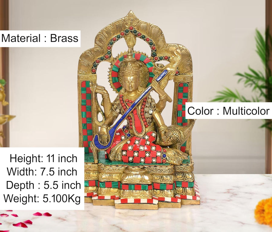 Brass Goddess Saraswati On Throne Idol (Height: 11 inch) Craft Detail