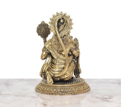 Hanuman JI bronze-tone sitting sculpture, back view with draped cloth and halo
