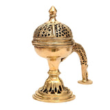 Brass incense dhoop batti stand with perforated dome lid, base and side handle, 6cm