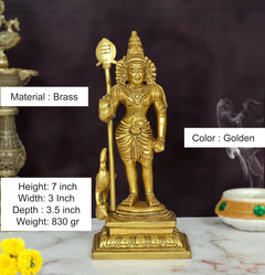 Golden brass standing Kartikeya idol, spear raised, 7 inch height, ornate attire