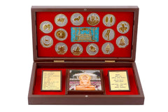 Metal Jain pooja gift box (8 inch) with red insert, gold emblems, and three inner cards