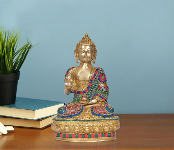 Brass Buddha Statue - Handcrafted Spiritual Decor for Home Decor and Office - Meditating Buddha Idol (Height 12 Inch) (Buddha Multicolor)