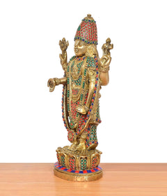 Multicolour brass Tirupati Bala Ji idol, side view with detailed jewel inlays