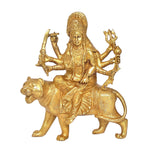 Gold brass Durga Maa on lion idol, frontal view, eight arms and ornate crown