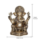 Brass Ganesha statue idol, 15.5 in height and 14 in width, seated with four arms