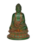 Front view green Buddha statue with gold trim, seated in meditation pose