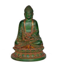 Front view green Buddha statue with gold trim, seated in meditation pose