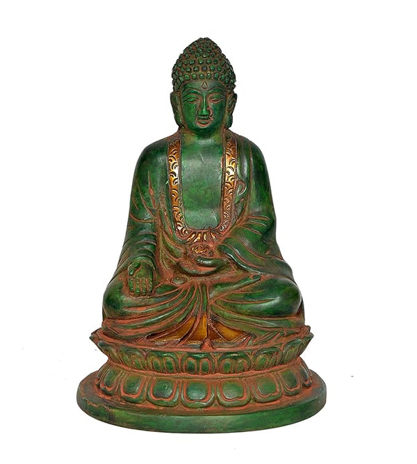 Brass Buddha Statue in Meditation Pose Sitting On Base, Height : 8 Inches