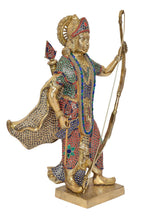 Rama ji statue in blue and red jeweled attire, bow raised, archer stance, brass finish