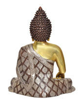 Back view of meditating Buddha statue, gold brass finish and patterned robe
