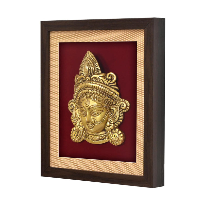 Brass Maa Durga Face Mask Idol with Frame Wall Hanging (Height: 12.5 Inch) (Golden)