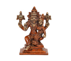 AONA Brass Lakshmi Narasimha idol, seated posture on engraved base, front view