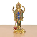 Brass Lord Vishnu idol facing forward, crown with red gem, blue and green beadwork.