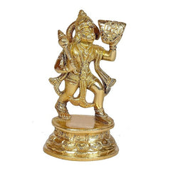 Brass Hanuman idol holding Sanjeevani, 4.5 inch standing figurine