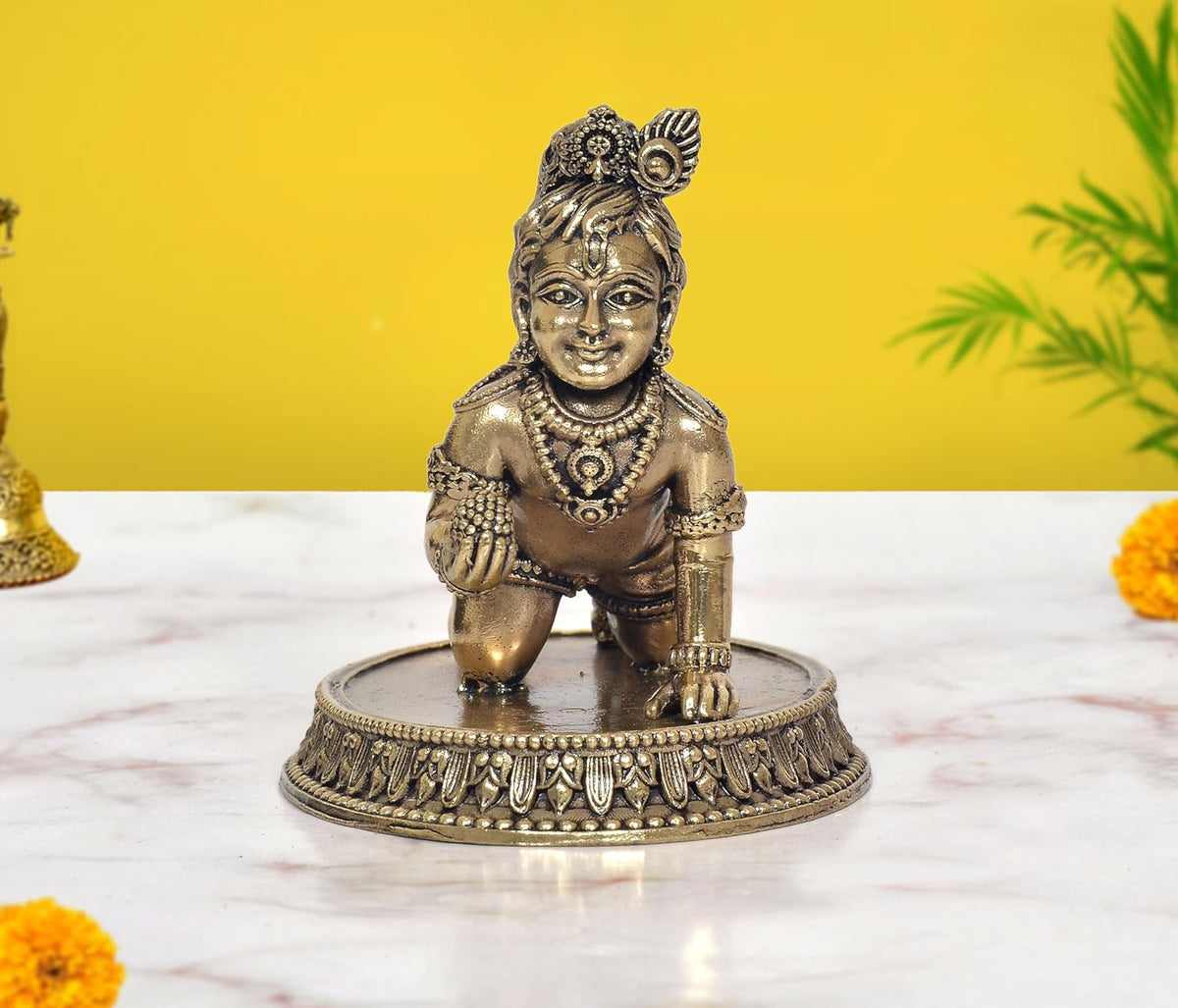 Superfine Brass Bal Krishna Laddu Gopal Makhan Chor Idol (Height 3 Inch)
