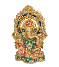 Messing-Ganesha-Statue, frontal mit blauem Kranz, rotem und grünem Schmuck, 8 Zoll.