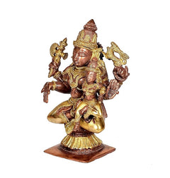 Brass Shiv Parvati idol statue, seated pose with child figure, 7 in