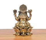 Bronze Lord Ganesha murti, three-quarter view with ornate halo crown and lotus base