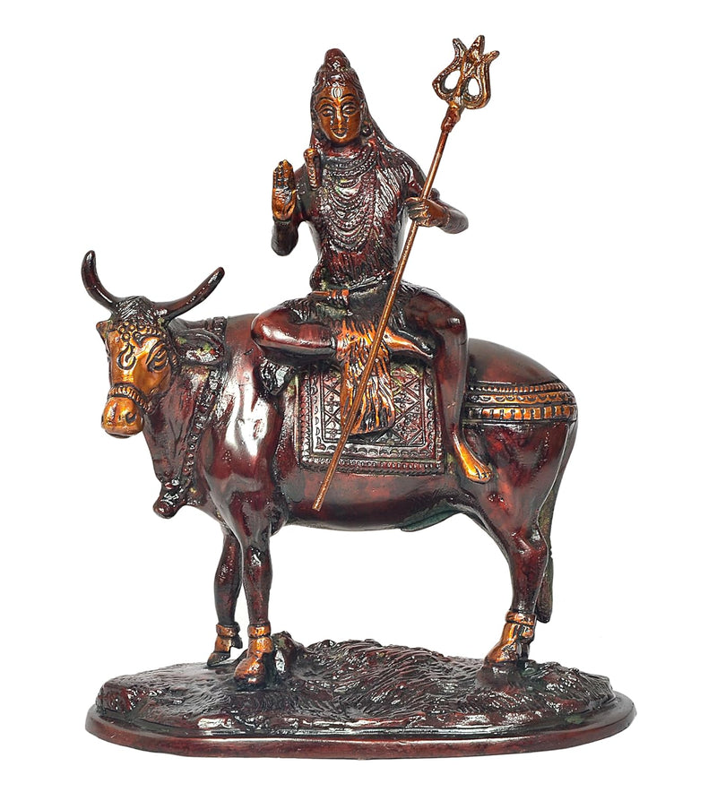 Brass Lord Shiva Seated on Nandi Murti Religious Statue for Home Temple Mandir Pooja Decor (Height : 9 inch)