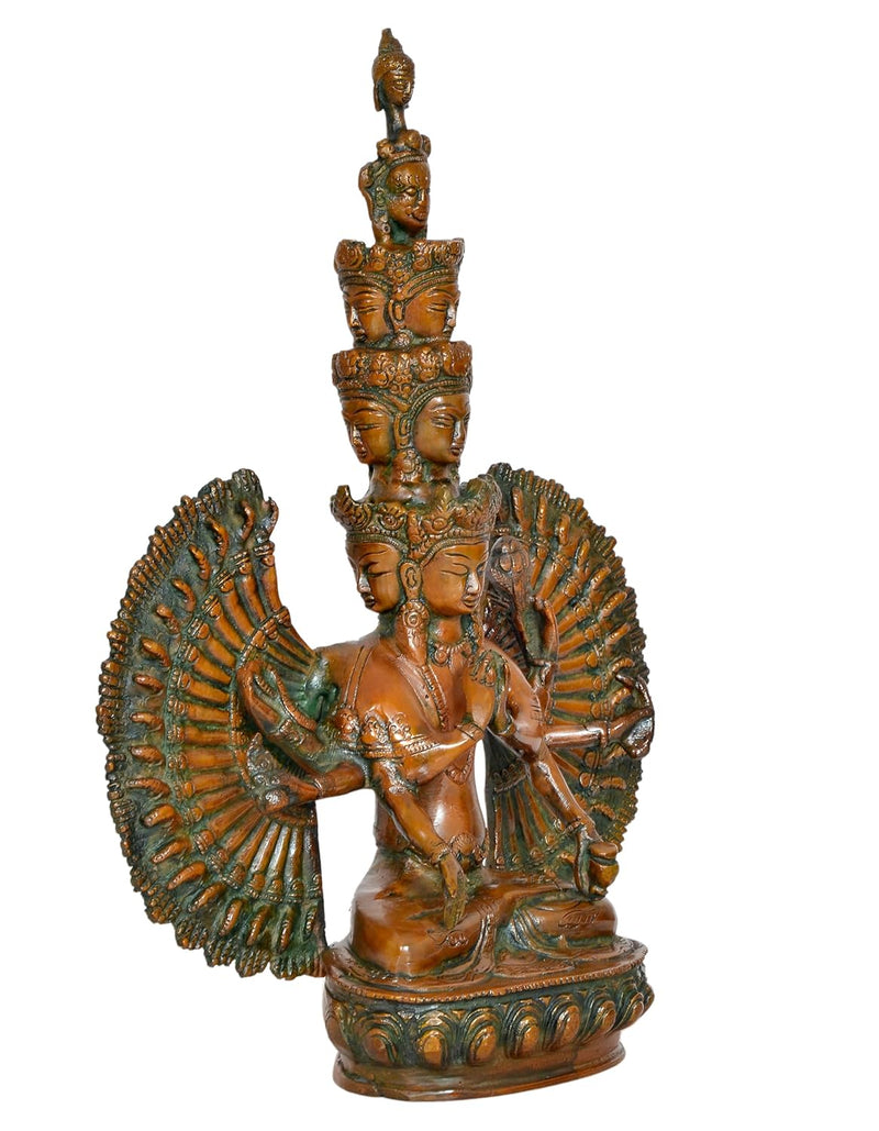 Brass Buddhist Idol Eleven-Headed or Thousand-Armed Avalokiteshvara for Home Decor and Office (Height: 12 Inch)