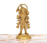 Golden Hanuman Ji brass statue with ornate base, raised hand, front view, 9-inch.