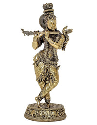 Gold-tone Lord Krishna statue playing flute, detailed crown and jewelry, round base