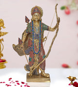 Brass Rama statue in jeweled outfit, holding bow and arrow, for pooja mandir