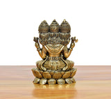 Brahma Ji brass idol back view, three crowns and textured detailing on lotus base