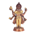 Brass Dhanwantri idol, back view with crown and ornaments, round pedestal base