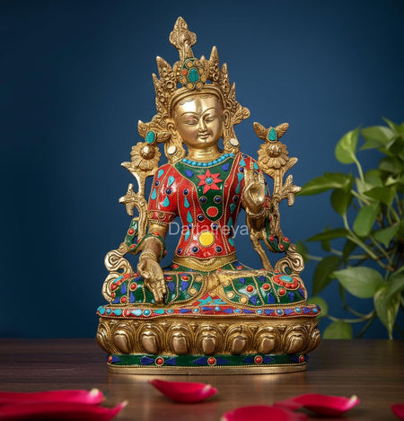 Brass Sitting Tara Devi Statue Tibetan Buddhist Deity (Height: 13 Inches)