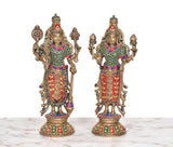 Brass standing Vishnu Lakshmi murti pair, tall figures with ornate crown and arms