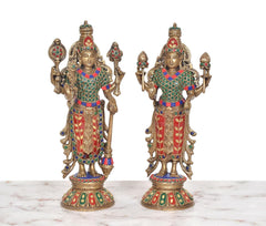 Brass Maa Lakshmi and Vishnu standing murti pair, multicolor ornaments, full height