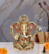 Brass Lord Ganesha idol with colorful seated details, hands raised, ornate crown