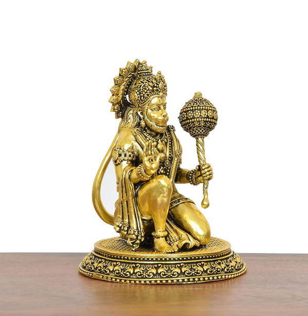 Superfine Brass Hanuman JI Sitting Statue Golden (Height: 4.5 Inch) Study Setting