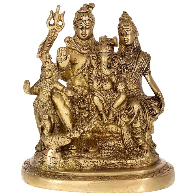 Shiva family brass figurine, multi-deity scene with ornate details and raised hands