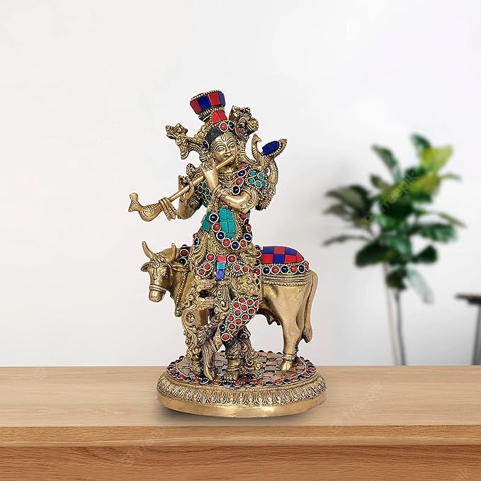 Brass Govinda cow idol, red and blue jeweled details, holding flute