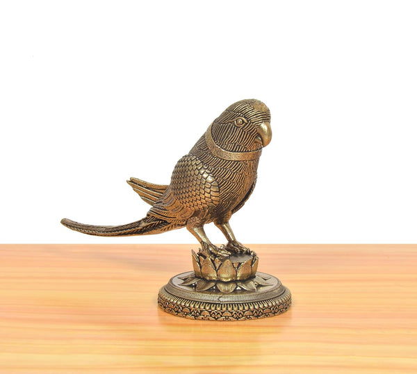 Superfine Brass Intricately Carved Parrot Statue (Height: 4.5 Inch) Study Setting