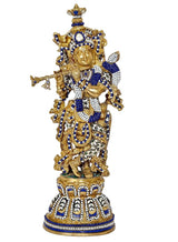 Brass Krishna idol with flute, full-body view, blue and white gemstone pattern