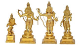 Golden brass deity figurines set with ornate crowns, standing on carved bases