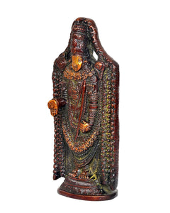 Brass Balaji idol statue, side view with raised hand and jeweled chest garland