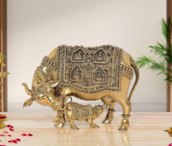 Superfine Brass Kamdhenu Cow with Calf and Ashtalakshmi Showpiece (Height: 7 inch)