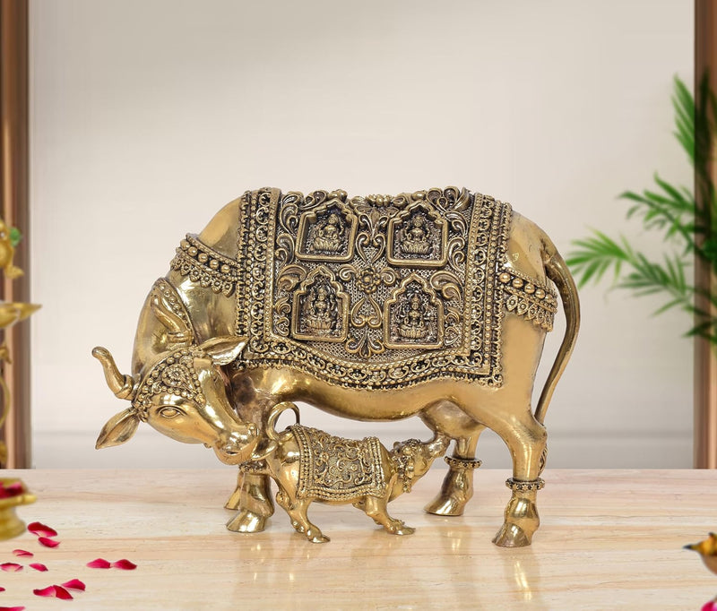 AONA Bronze Kamdhenu Cow with Calf and Ashtalakshmi Showpiece