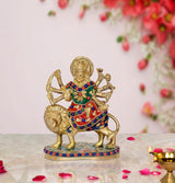 Brass Durga Maa statue figurine on lion, colorful enamel details, front view