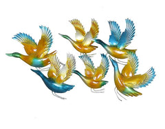 Iron wall decor with six flying birds, blue and gold, with LED lights