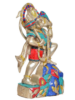 Brass Hanuman idol statue, arched halo and raised hand, blue red teal mosaic