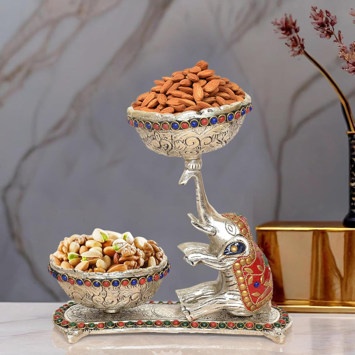 Silver metal elephant dry fruit bowl showpiece with two decorated bowls and colorful trim